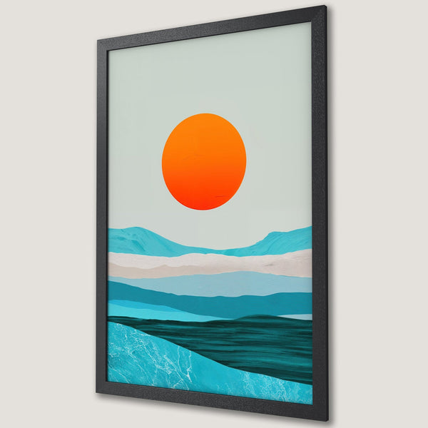 Framed Poster featuring an abstract landscape with a vibrant orange sun, blue mountains, and ocean in a modern style.