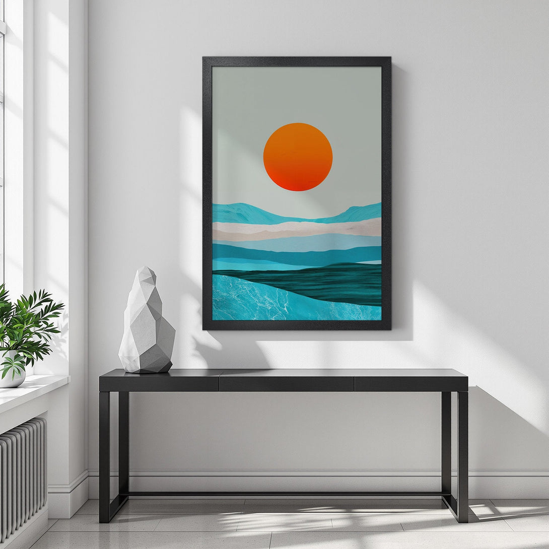 Framed Poster featuring an abstract landscape with a vibrant orange sun, in a calming blue and teal palette. Modern art for your home!