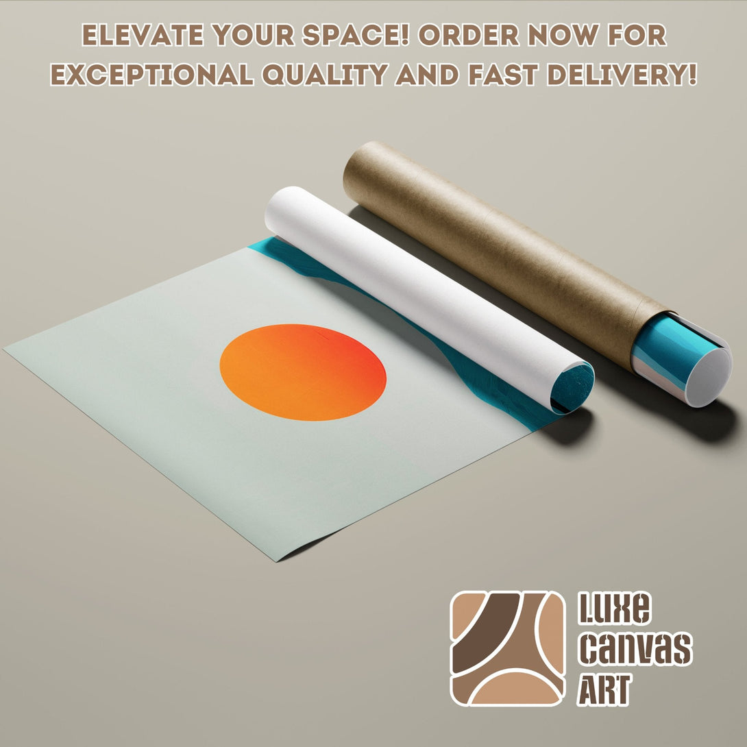 Modern abstract Poster Roll art with orange sun on a light teal background. Elevate your space!