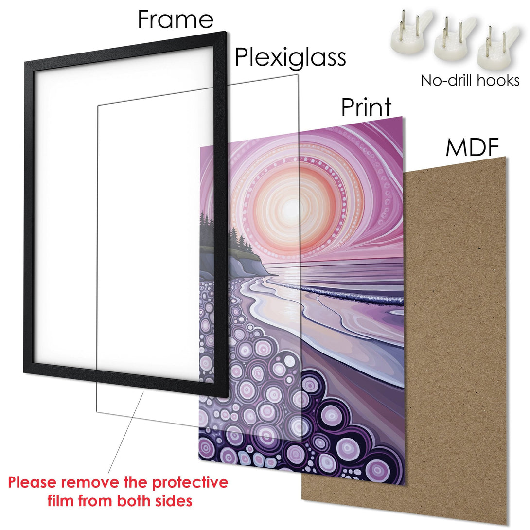 Framed Poster featuring a beach scene in a vibrant purple and pink palette. Perfect art for your home!