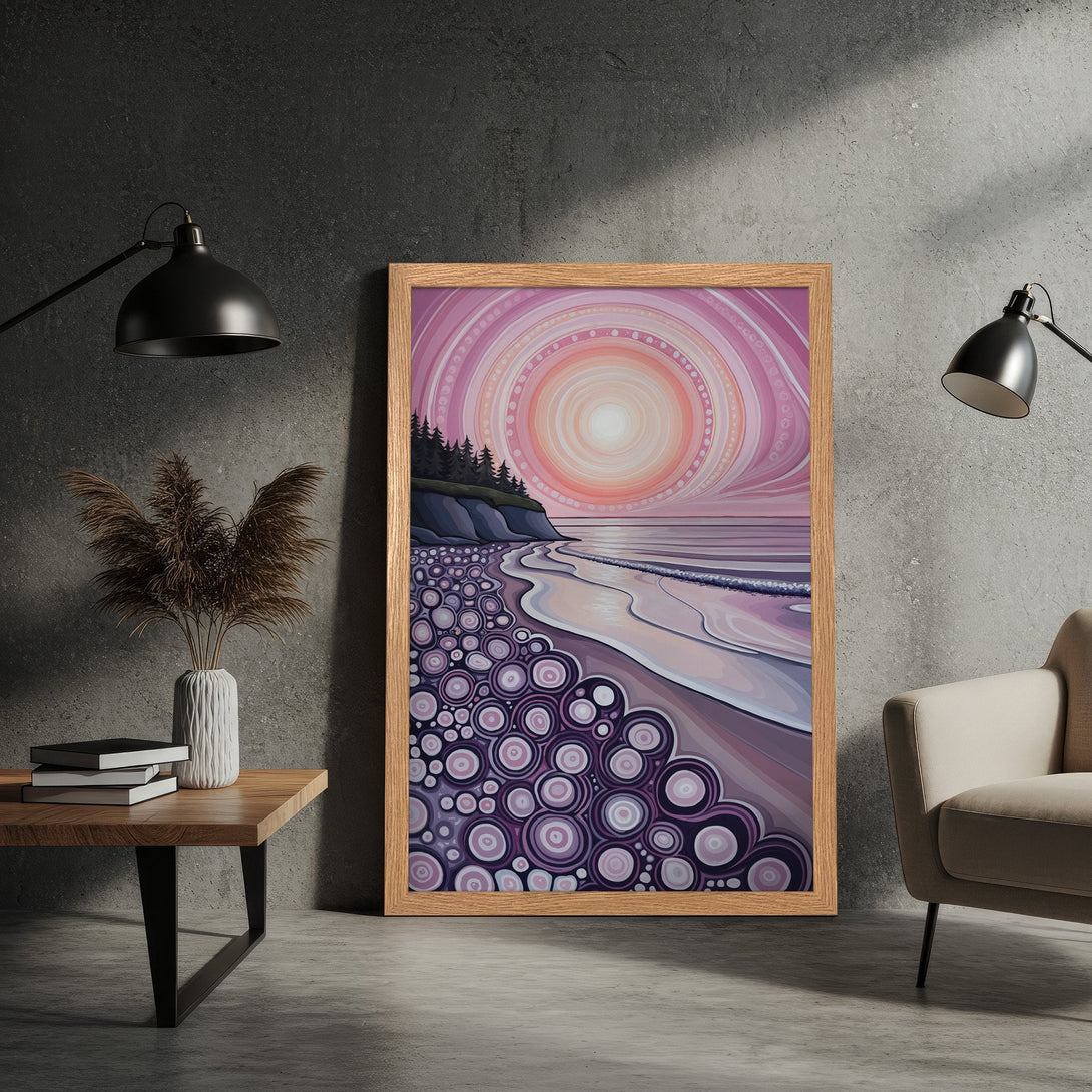 Framed Poster featuring a stylized beach scene with a pink and purple color palette. Add coastal vibes to your space!