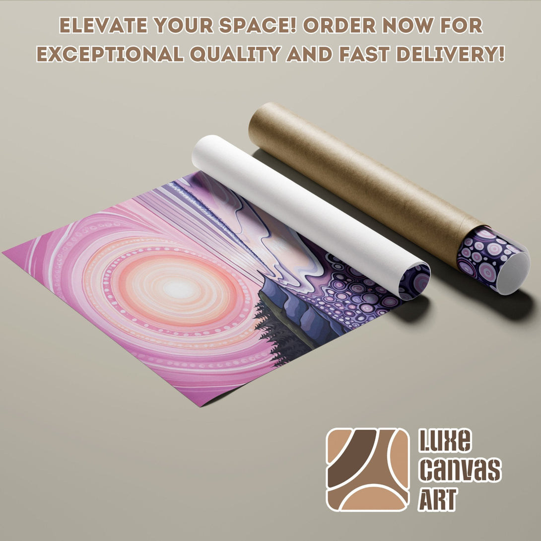Abstract art poster roll in pink, purple, and orange tones. Elevate your space with Luxe Canvas Art!