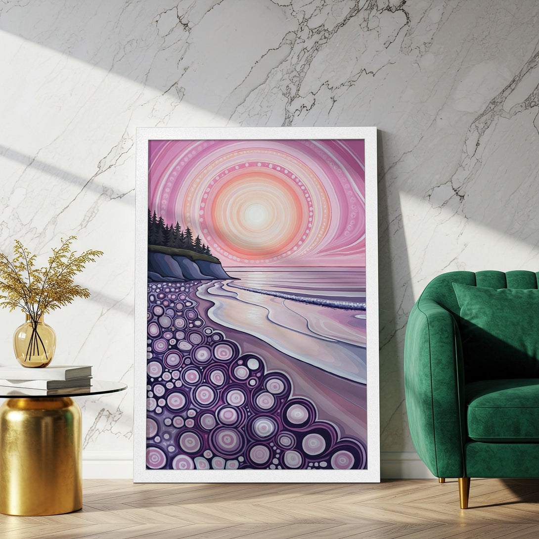 Framed Poster featuring a dreamy beach scene in a modern, abstract style with a pink and purple color palette. Perfect wall art!