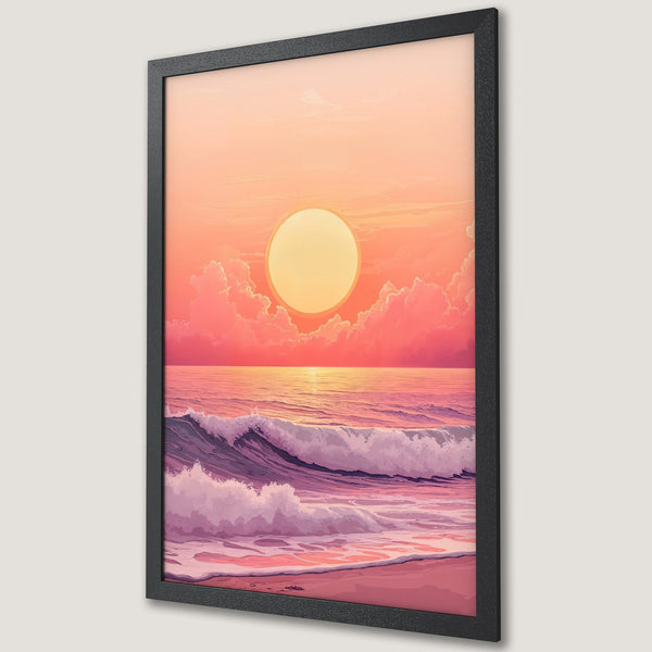 Framed Poster featuring a serene sunset over the ocean. Artistic style with a warm, pink and orange color palette. Perfect wall art!