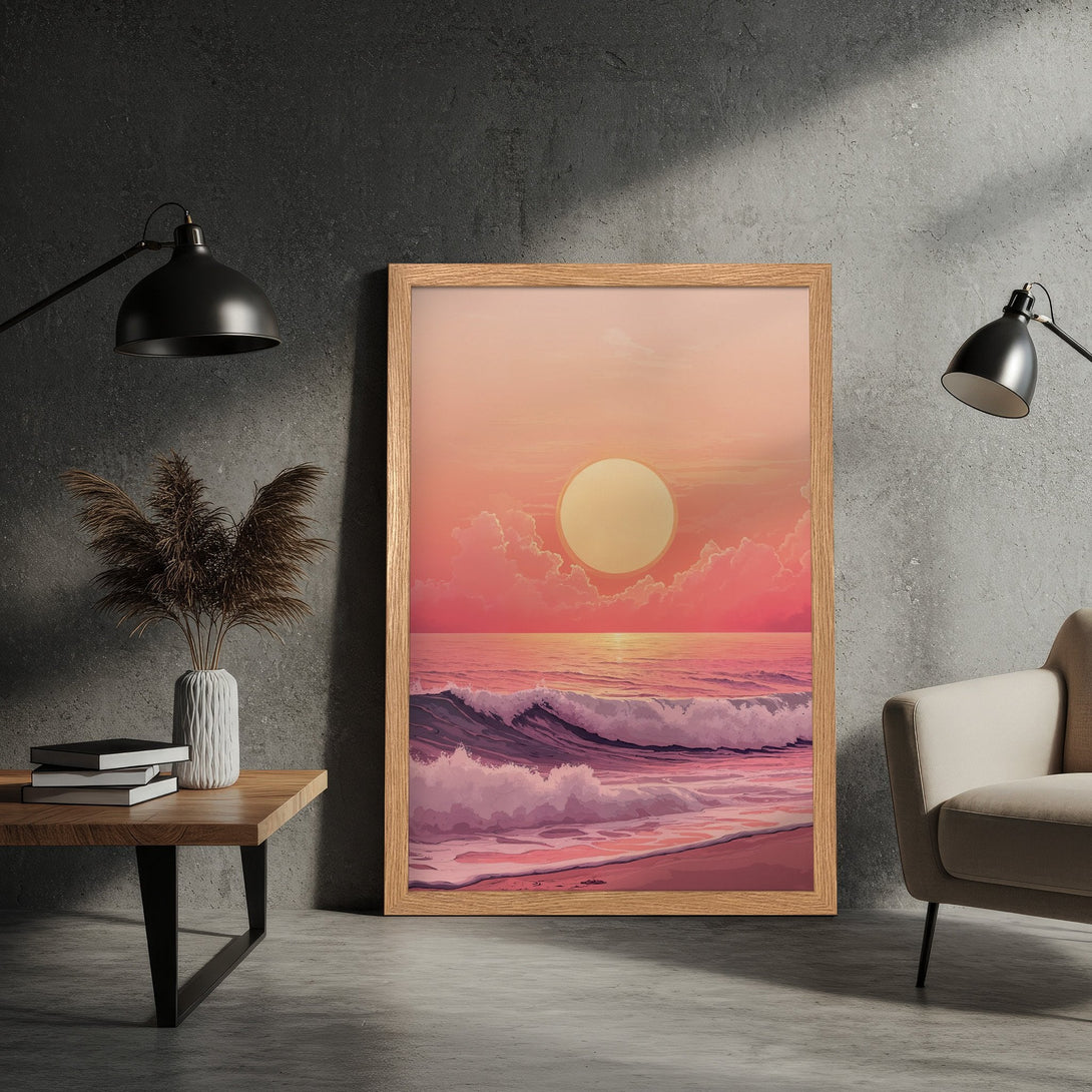 Framed Poster: Sunset ocean art print. Coastal wall decor in pink and orange hues. Enhance your space with this beautiful poster.