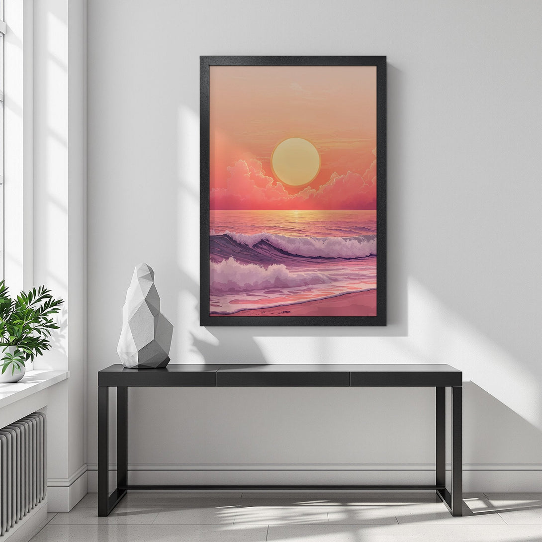 Framed Poster of sunset over ocean in a dreamy style with pink and orange color palette. Perfect wall art for a relaxing vibe.