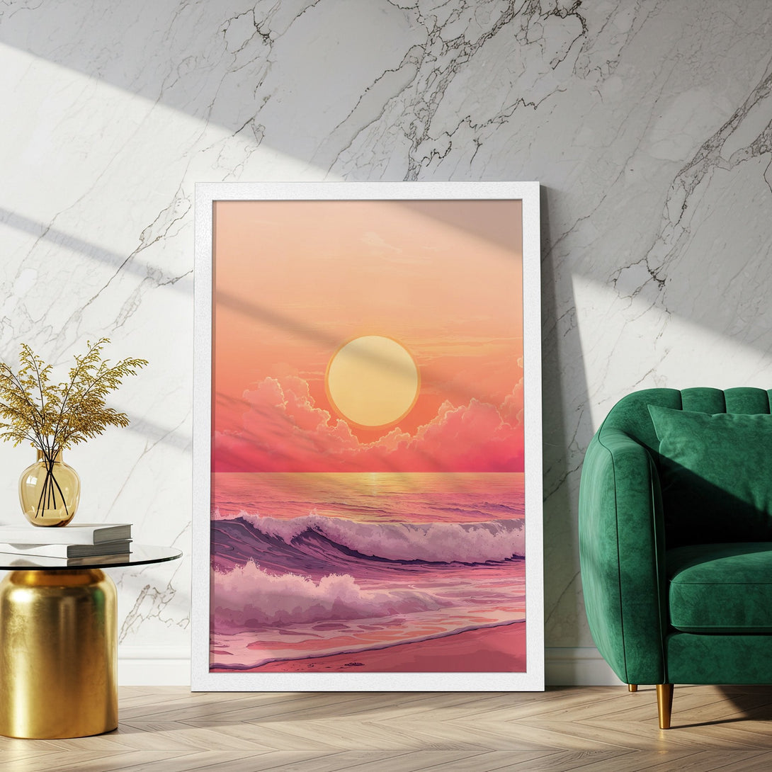 Framed Poster featuring a sunset beach scene in a vibrant pink and orange palette. Perfect art for your home!