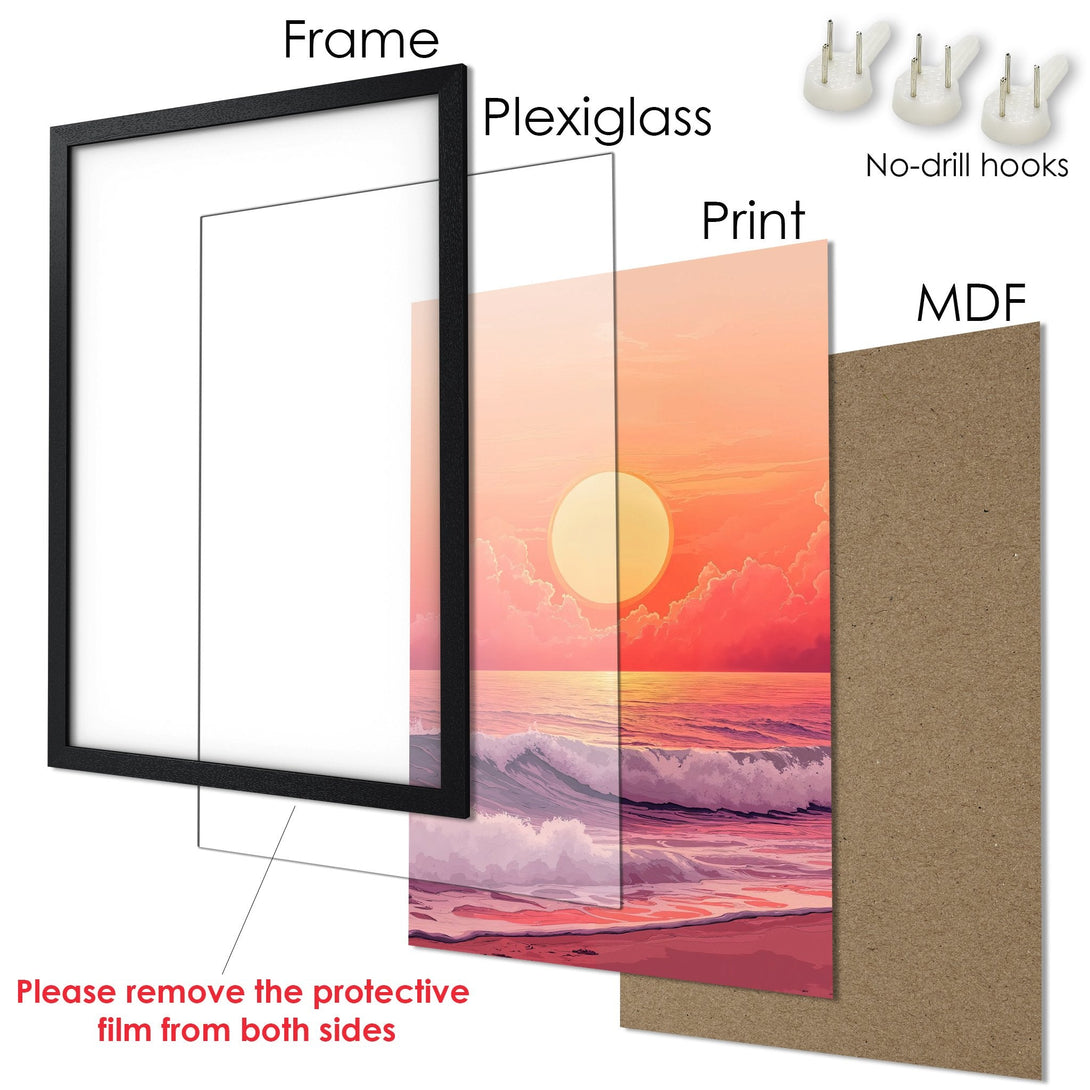Framed Poster featuring a sunset over the ocean, vibrant colors and modern style. Perfect wall art!