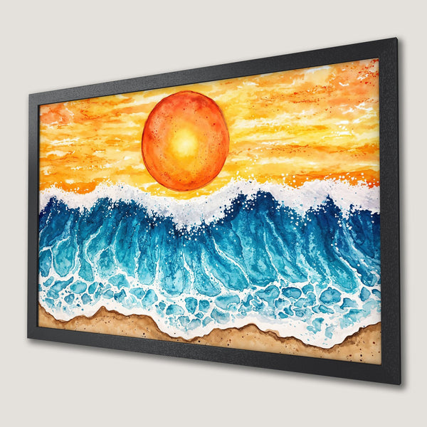 Framed Poster of watercolor ocean waves and sunset, vibrant orange and blue hues. Coastal wall art.