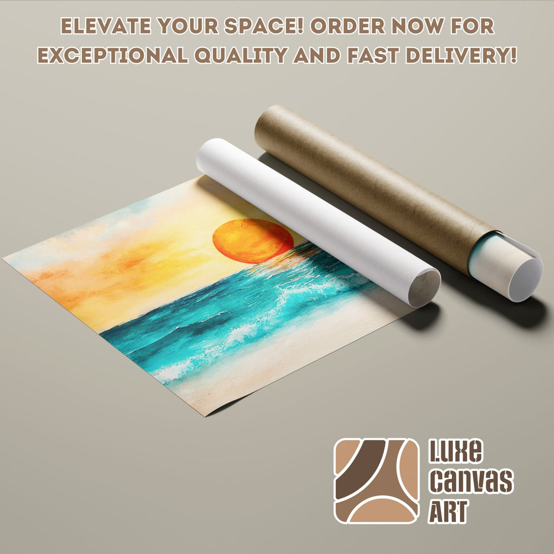 Poster Roll featuring a vibrant ocean sunset, modern style, with blue, orange, and beige tones. Elevate your space!