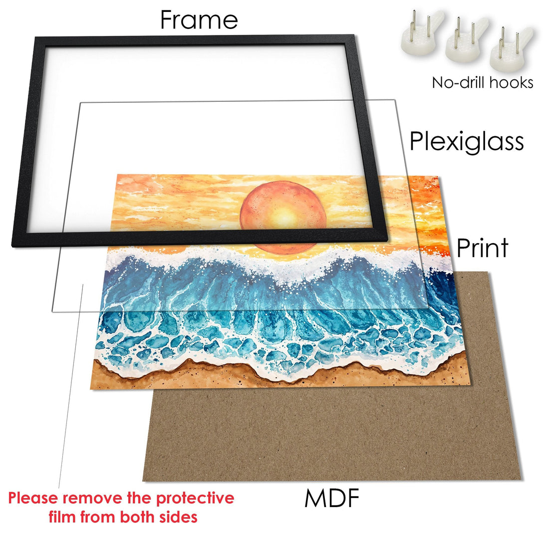 Framed Poster of a watercolor beach scene with warm sunset colors. Perfect wall art for coastal decor.