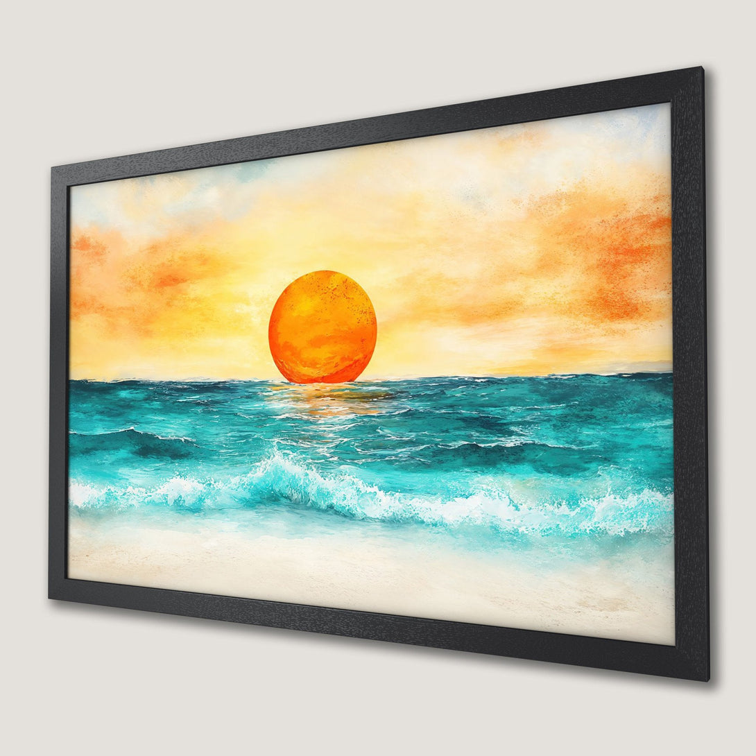 Framed Poster of a beach sunset in vibrant orange and teal colors. Coastal art print perfect for home decor.