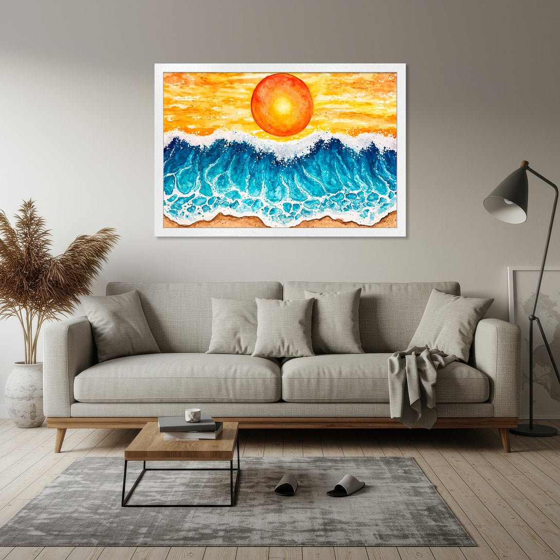 Framed Poster featuring a watercolor sunset over ocean waves. Vibrant blues, oranges, and yellows. Coastal art for your home.