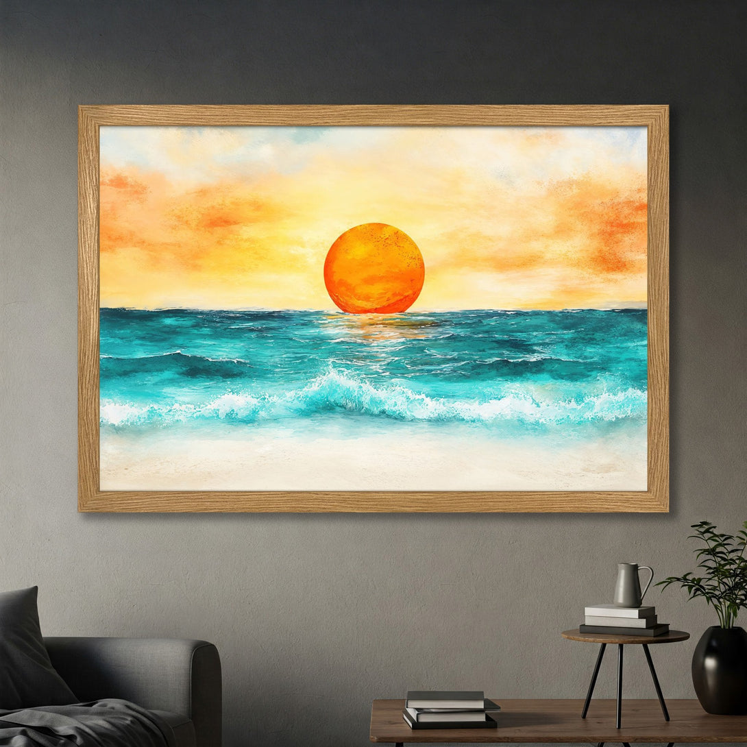Framed Poster featuring a vibrant sunset over the ocean. Artistic style with warm orange, yellow, and teal color palette. Perfect wall art!