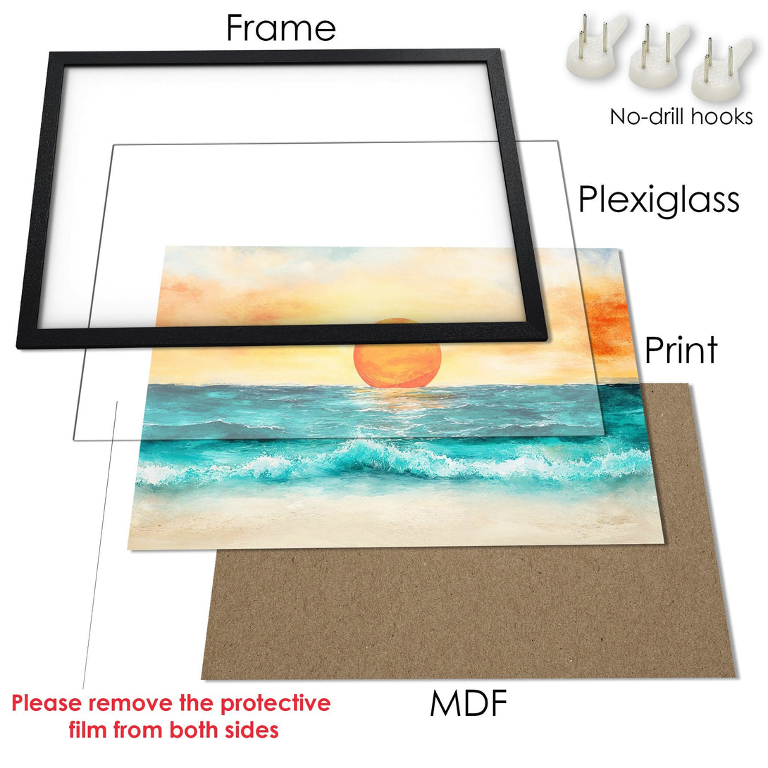 Framed Poster featuring a beach scene with ocean, sunset, and vibrant teal & orange colors. Ready to hang art!