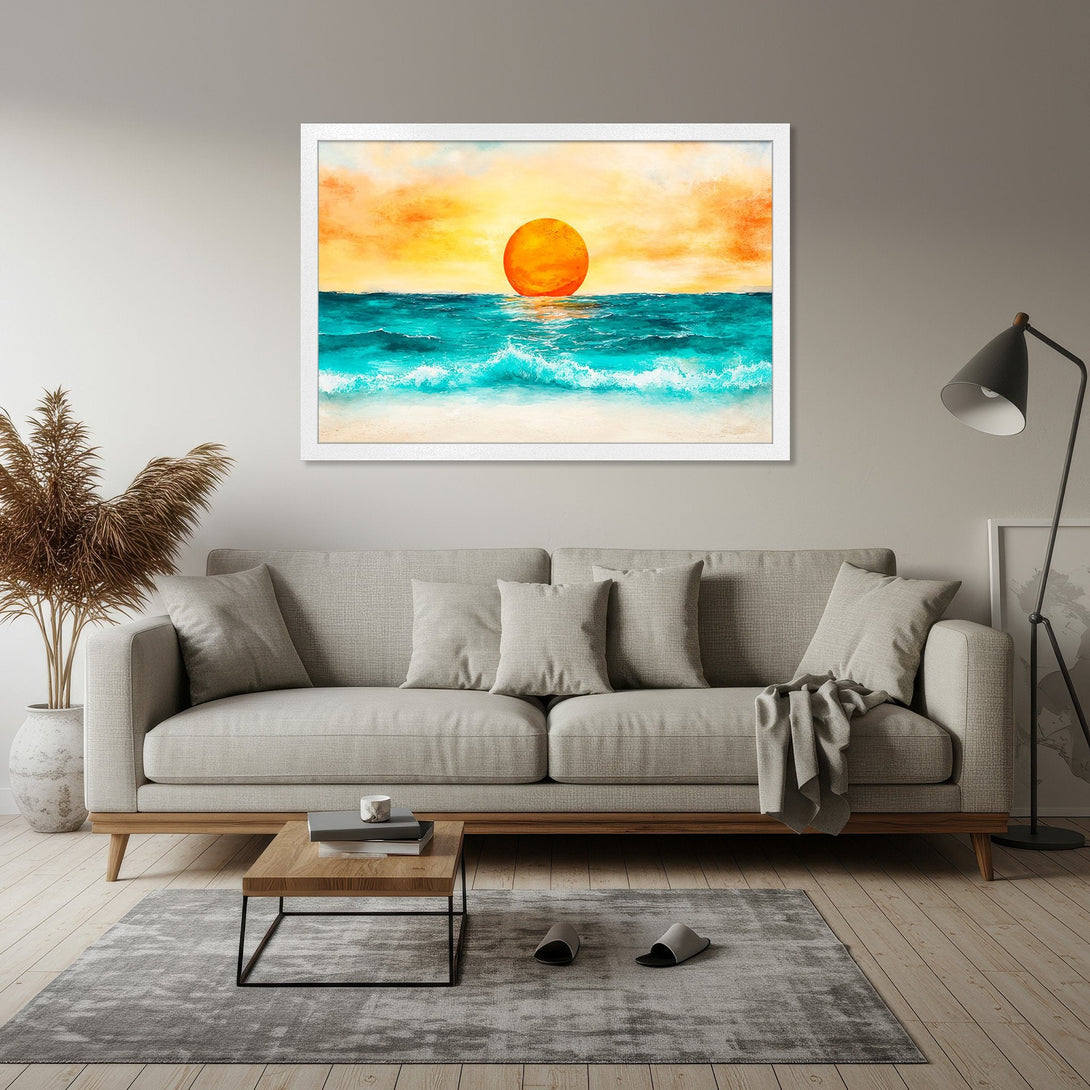 Framed Poster of a watercolor sunset over ocean, vibrant orange, yellow, and turquoise color palette. Add coastal vibes to your home!
