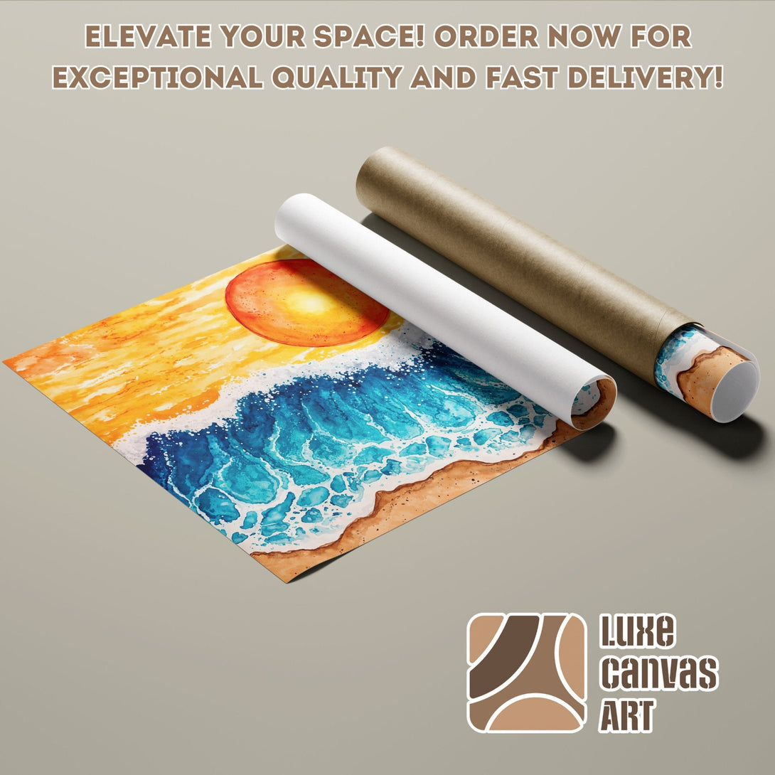 Beach scene Poster Roll in watercolor style, featuring blue, yellow, and brown tones. Elevate your space!