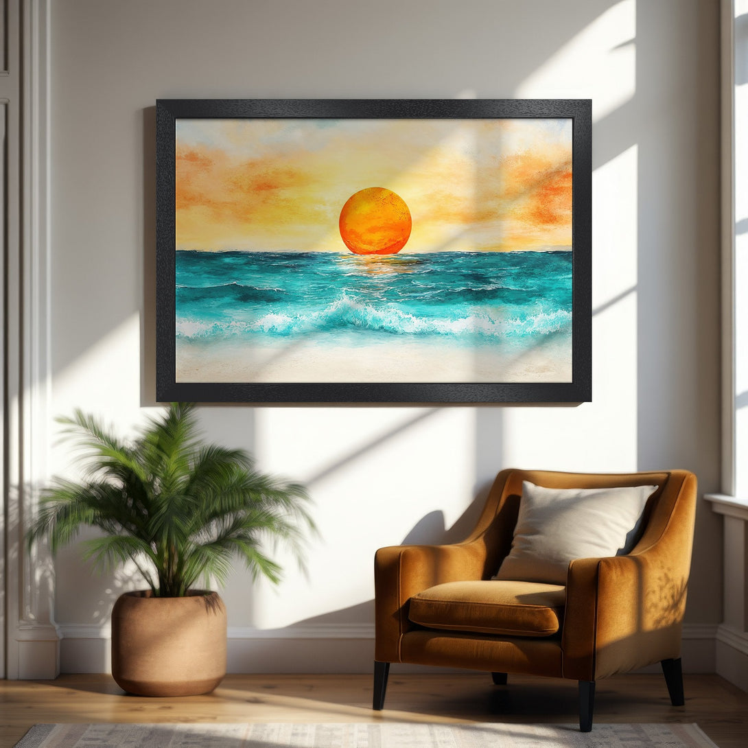 Framed Poster: Sunset over ocean art print in warm orange & teal tones. Perfect wall decor for a relaxing vibe.