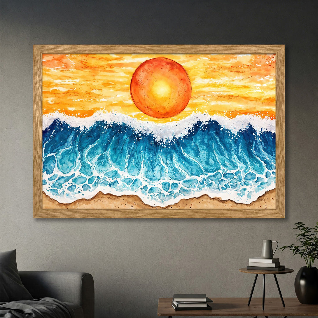 Framed Poster featuring a watercolor beach scene with vibrant blues, oranges, and a sunset. Coastal wall art for a relaxing vibe.