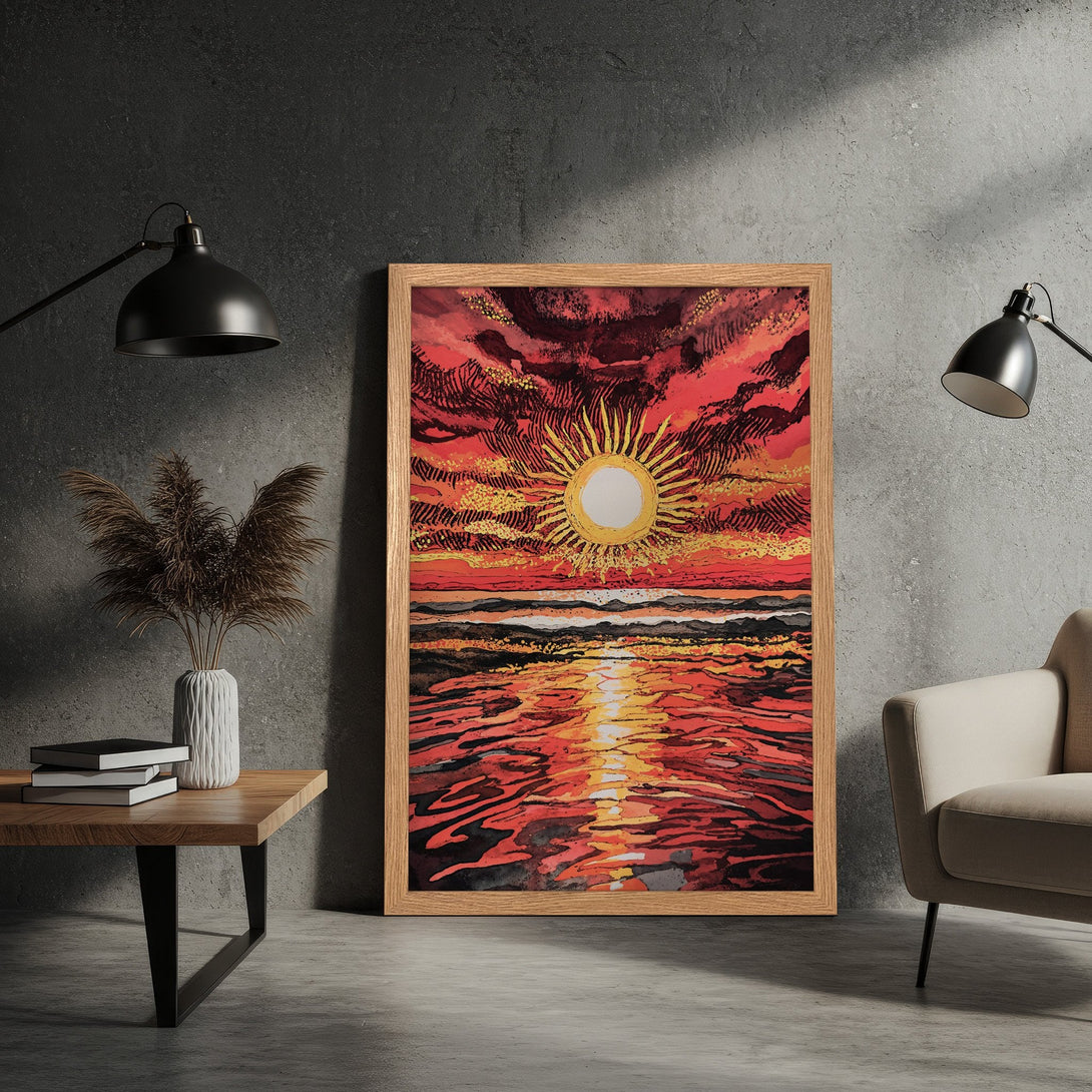 Framed Poster featuring a sunset over water, in a vibrant red and gold color palette. Perfect art for your home!