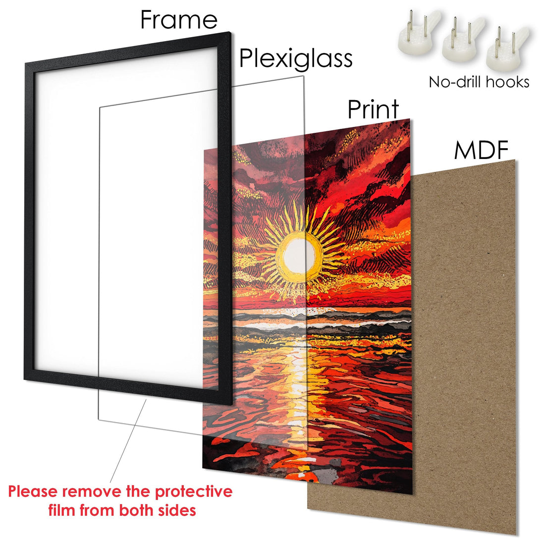 Framed Poster of a sunset in vibrant red and yellow hues. Abstract art style, perfect for home decor.