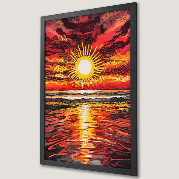 Framed Poster: Sunset art print in vibrant red, orange, and yellow watercolor style. Perfect wall decor for a warm, inviting space.