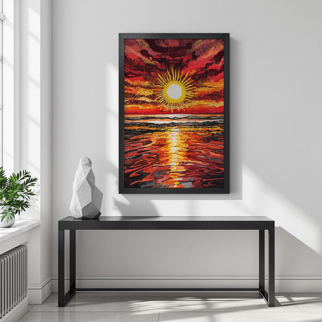 Framed Poster featuring a vibrant sunset over water. Artistic style with a warm red and yellow color palette. Add a touch of art to your space!