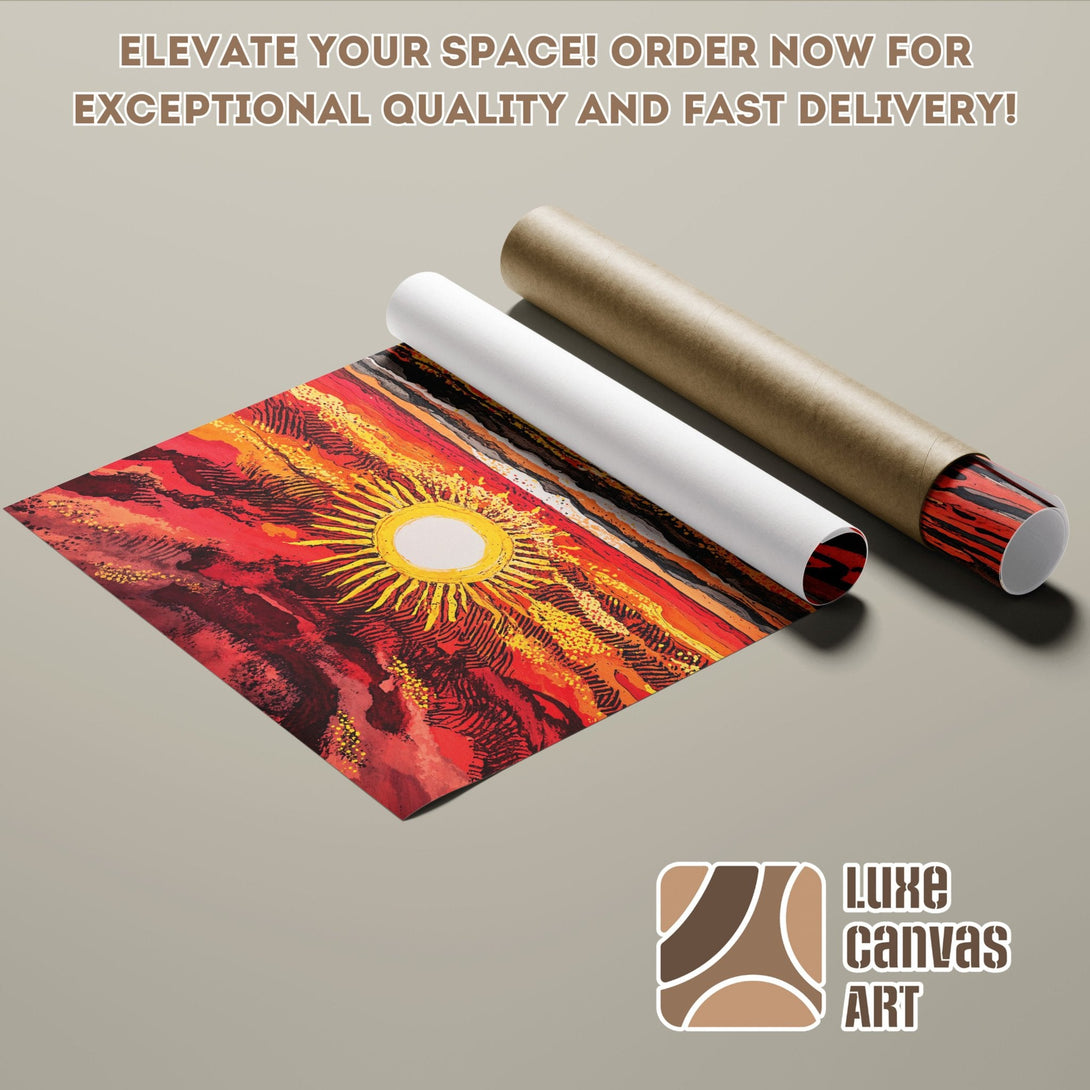 Abstract sun poster roll art in red, orange, and yellow. Elevate your space with this vibrant poster!