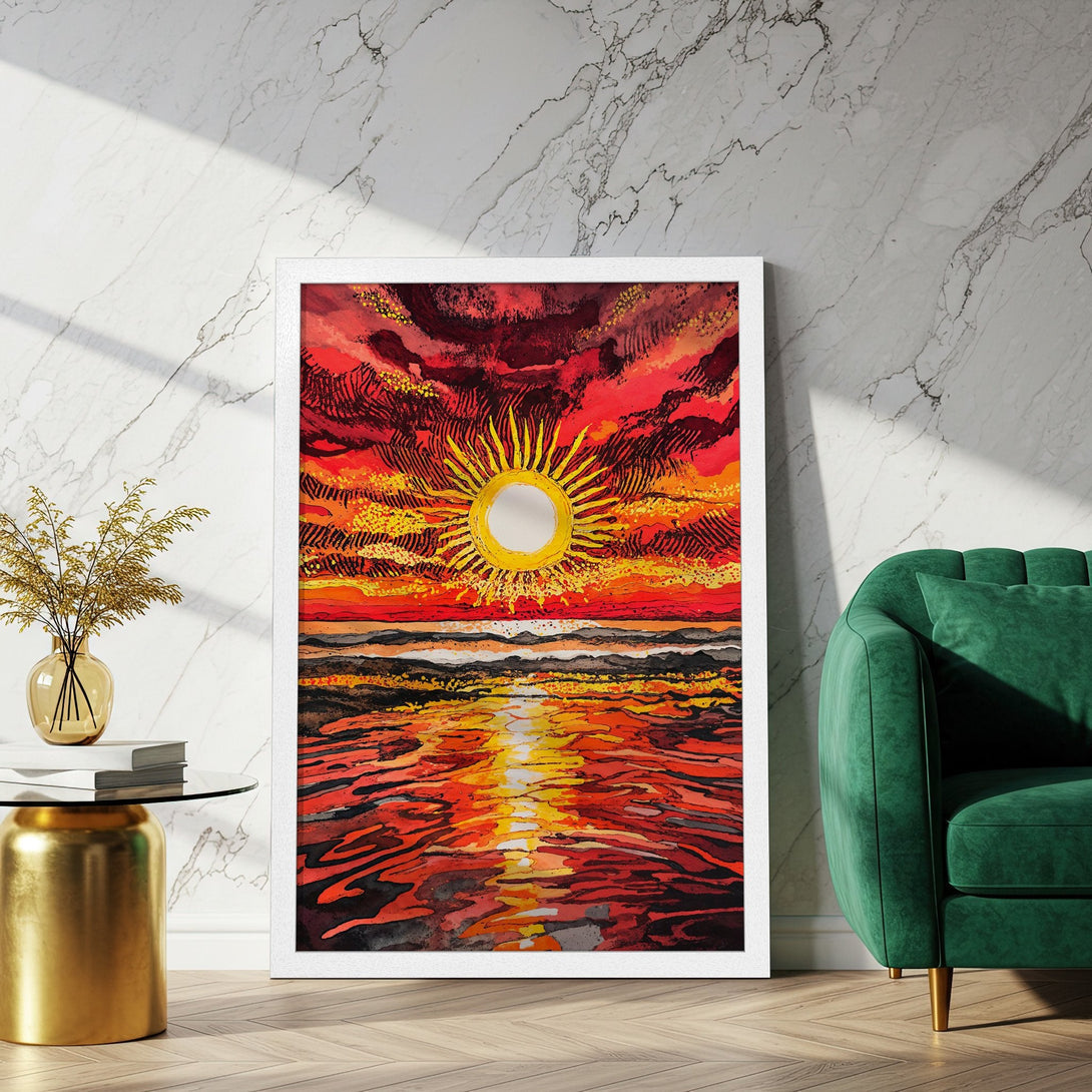 Framed Poster of a vibrant sunset in a watercolor style, featuring warm red, orange, and yellow hues. Add a pop of color to your space!