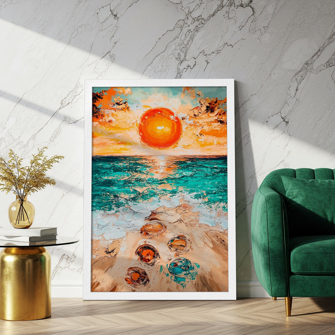 Framed Poster of a sunset over the ocean. Textured, impressionistic style with orange, teal, and beige tones. Perfect wall art!