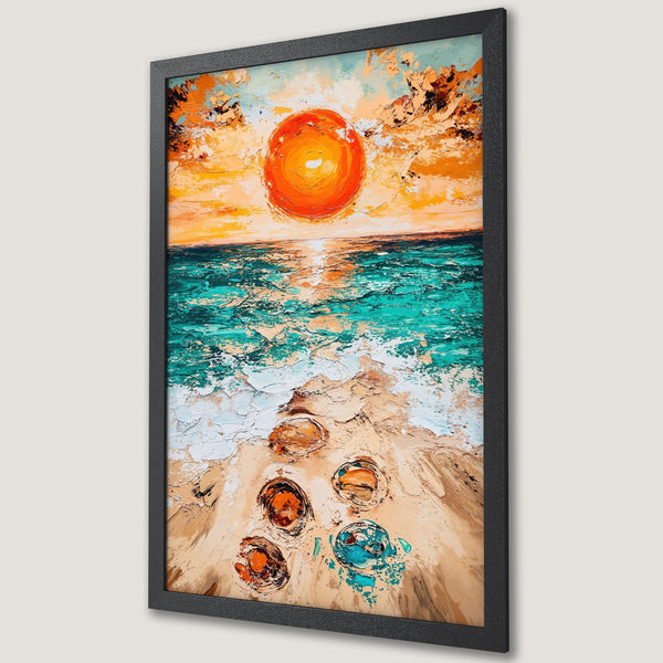 Framed Poster of a beach sunset in impasto style. Warm orange, turquoise & beige color palette. Add vibrant art to your home!