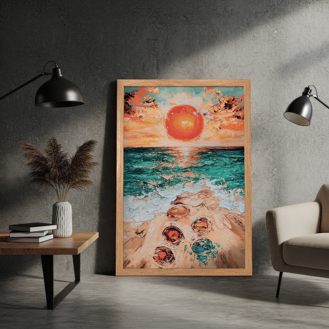 Framed Poster of a vibrant sunset over the ocean, impressionistic style, warm orange, teal, and beige color palette. Perfect wall art!