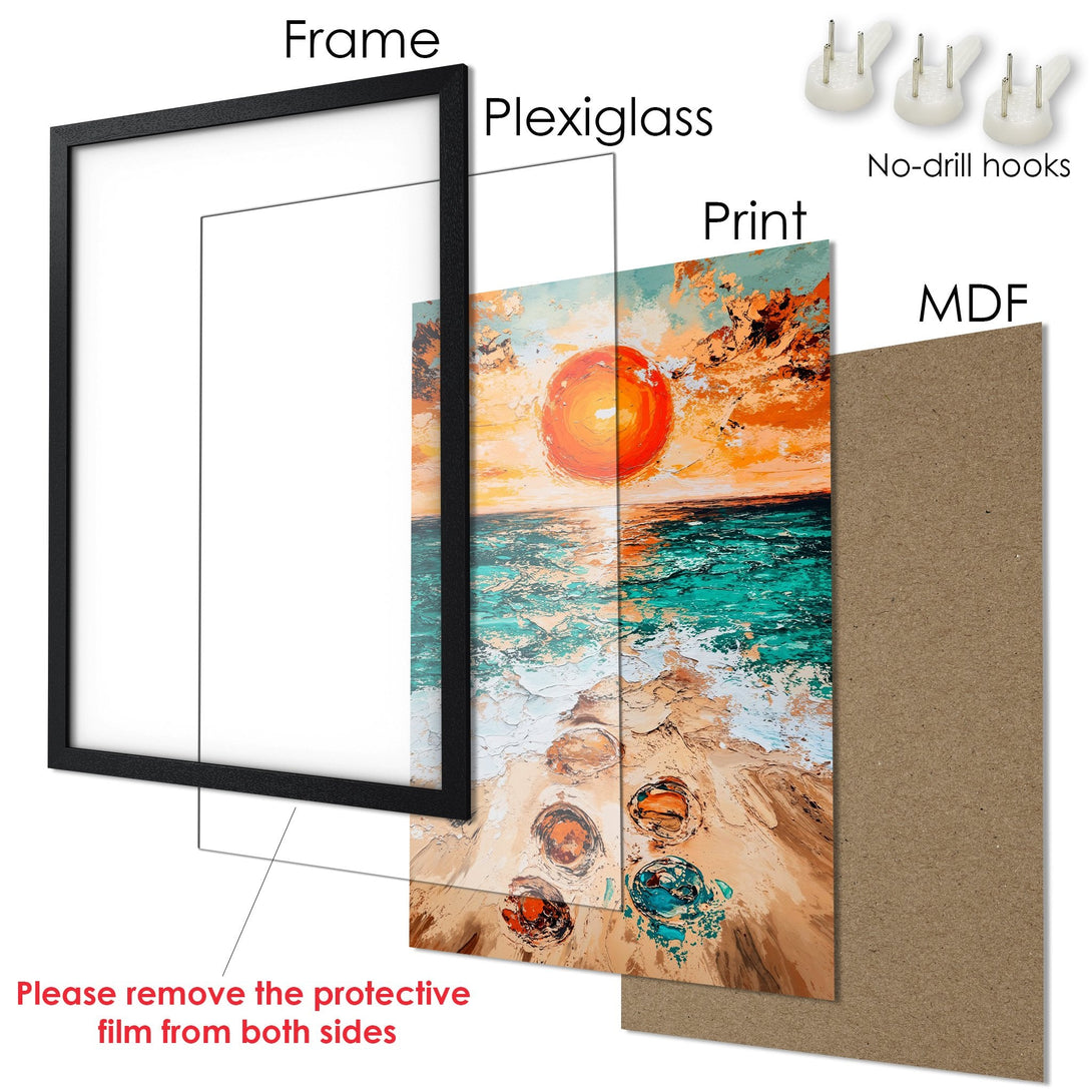Framed Poster of a sunset over the ocean, in an impressionistic style with warm orange, teal, and brown tones. Ready to hang!