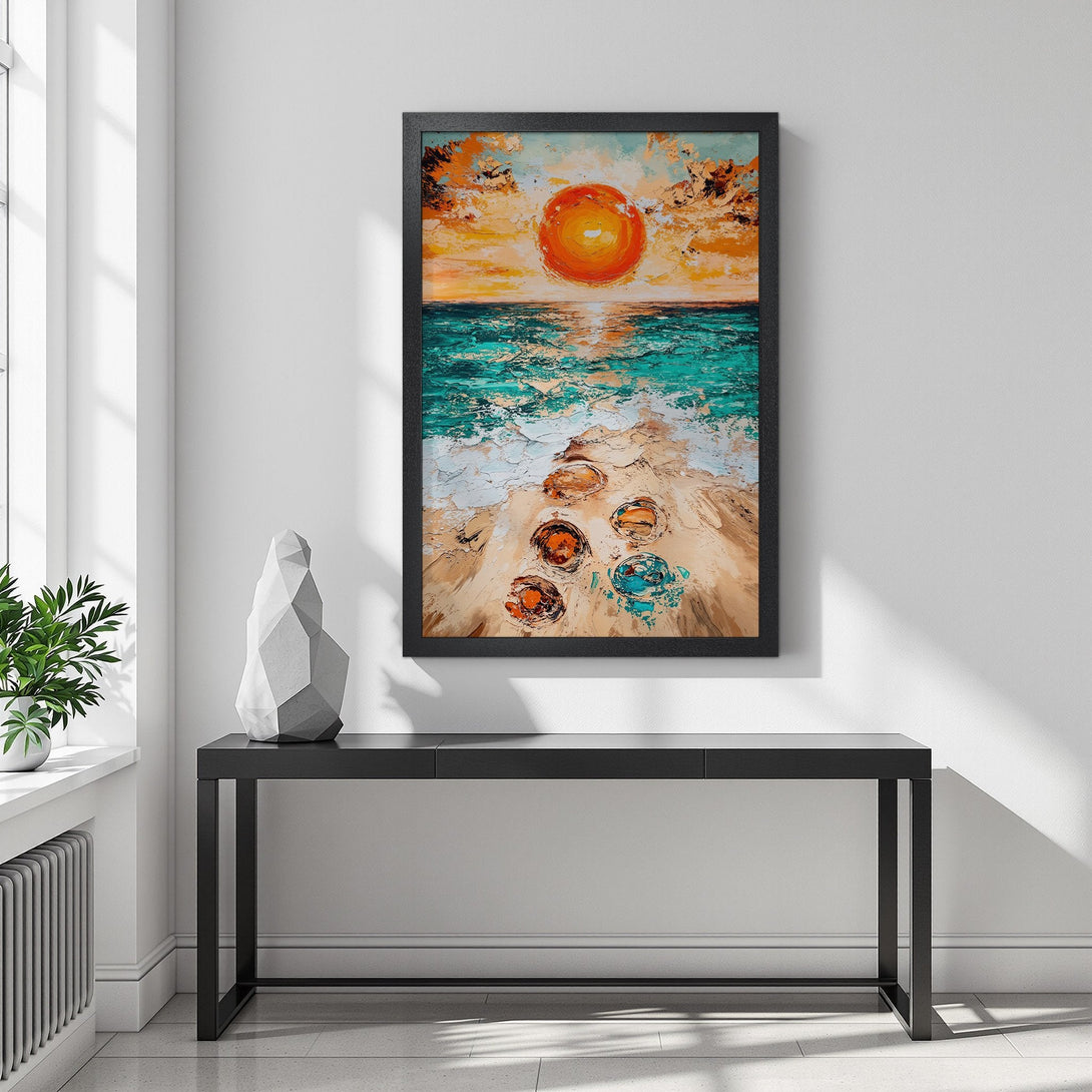 Framed Poster of a vibrant sunset over the ocean. Textured, impressionistic style with warm orange, turquoise, and beige tones. Perfect wall art!