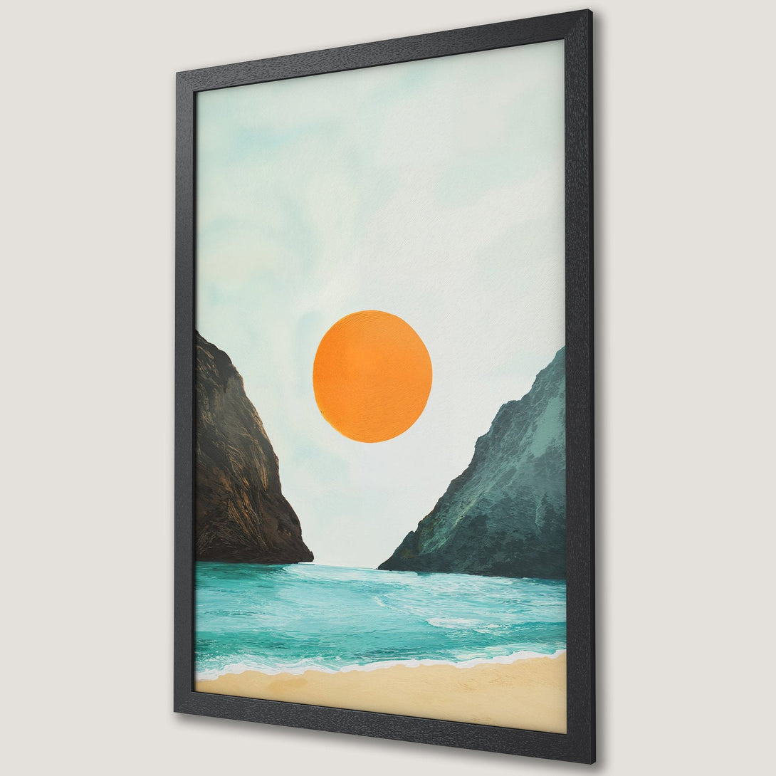 Framed Poster featuring a coastal landscape with an orange sun, abstract style, and a calming blue and green color palette.