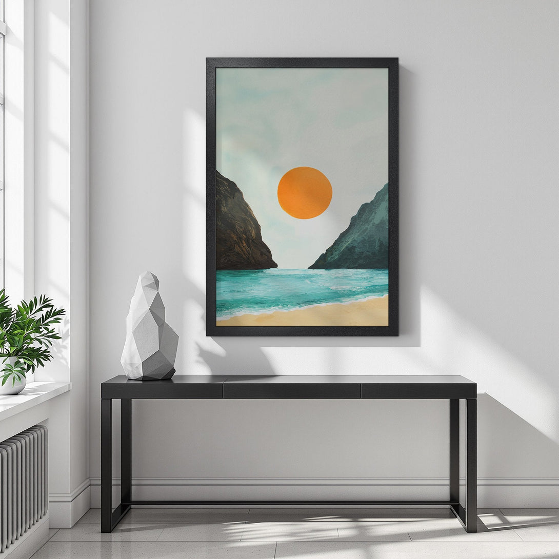 Framed Poster featuring a minimalist beach scene with an orange sun, teal water, and a neutral color palette. Perfect wall art for any space!