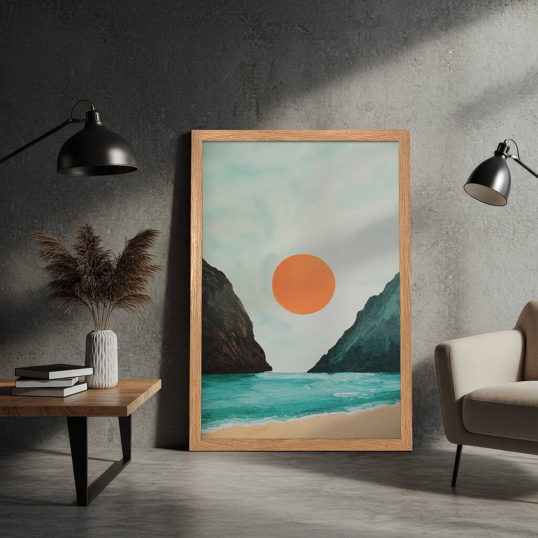 Framed Poster featuring a beach scene with a sunset, in a modern style with teal, orange, and beige tones. Perfect wall art for your home!