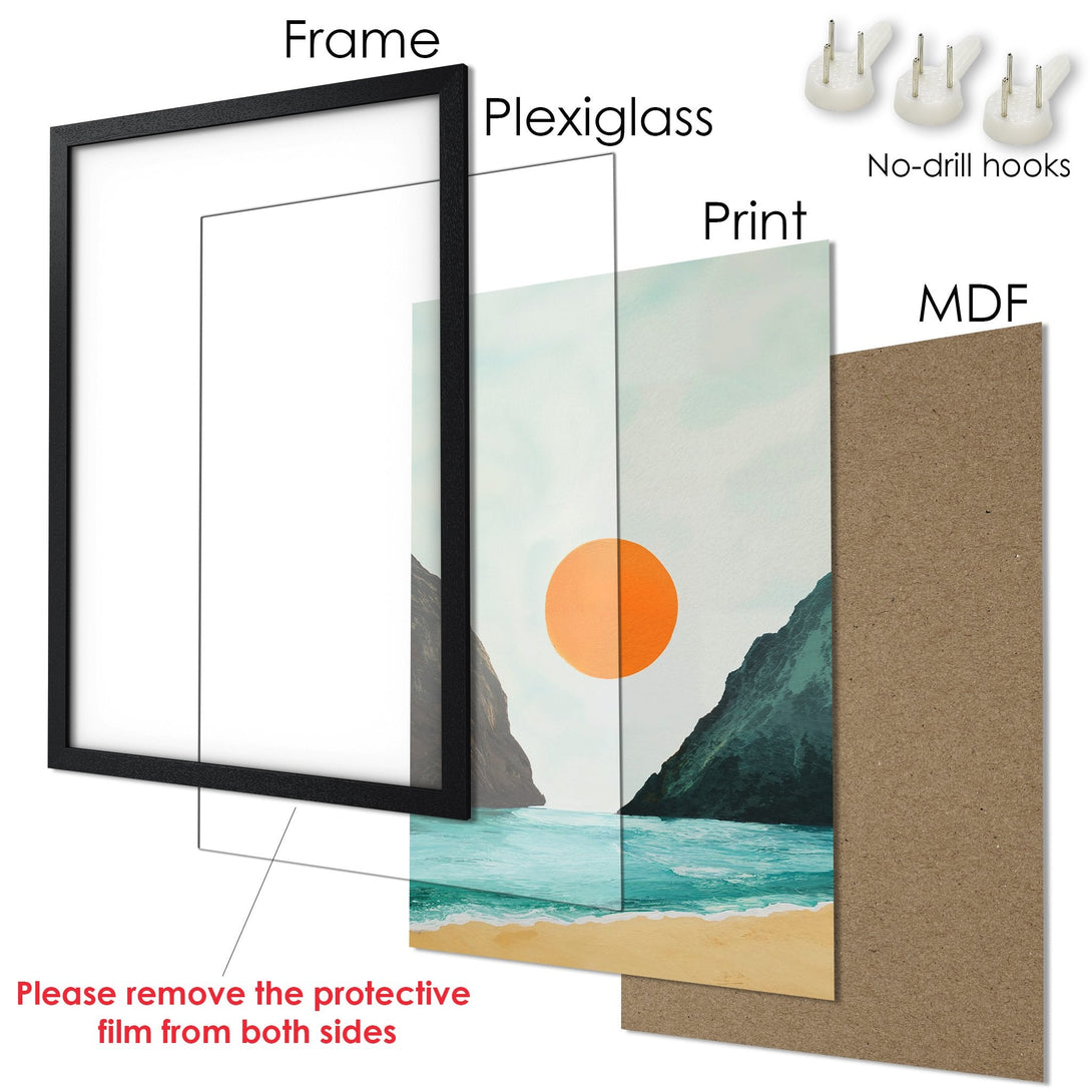 Framed Poster featuring a coastal landscape in a minimalist style with a teal, orange, and beige color palette. Perfect wall art!