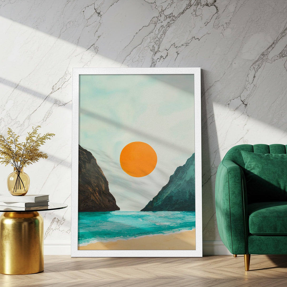 Framed Poster featuring a coastal landscape with an orange sun, turquoise water, and teal mountains. Modern art style with a vibrant color palette.