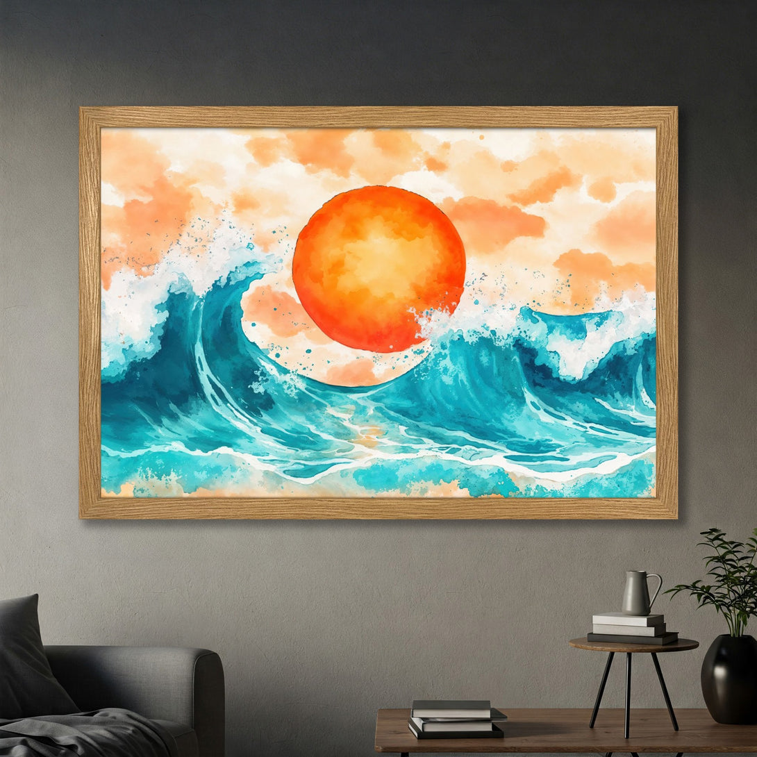 Framed Poster: Watercolor ocean waves with a vibrant orange sun. Coastal art print in turquoise, orange, and blue. Perfect wall decor.