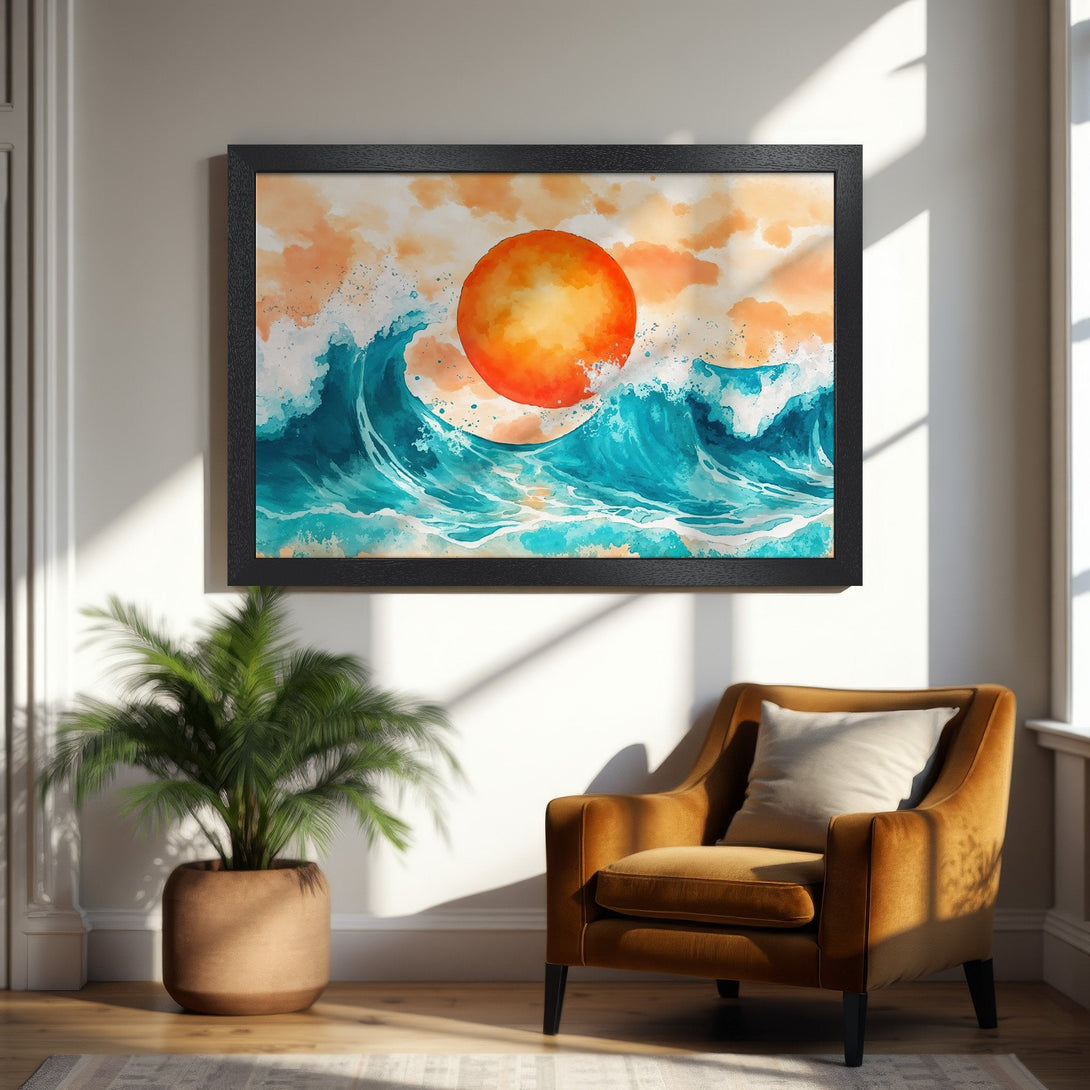 Framed Poster featuring a watercolor sunset over ocean waves. Vibrant teal, orange, and white color palette. Perfect wall art!