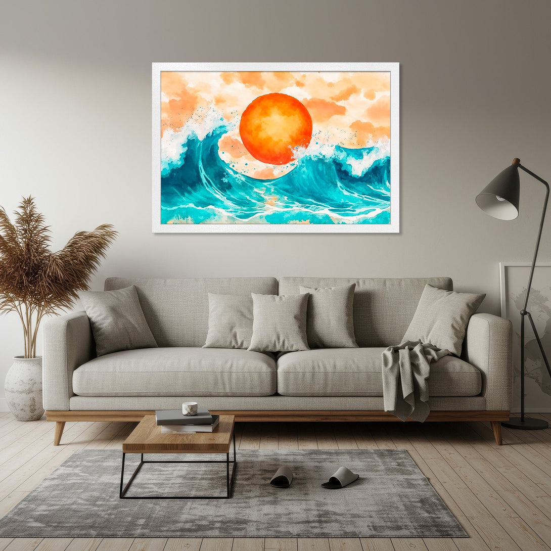 Framed Poster featuring a vibrant watercolor seascape with a sunset. The artwork has a modern style with a teal, orange, and white color palette.