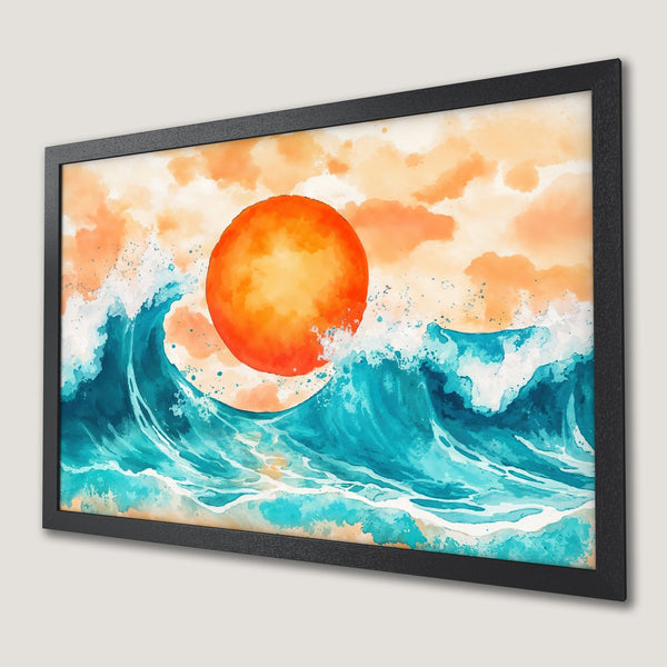Framed Poster: Watercolor ocean waves with sunset, vibrant teal and orange tones. Perfect wall art!