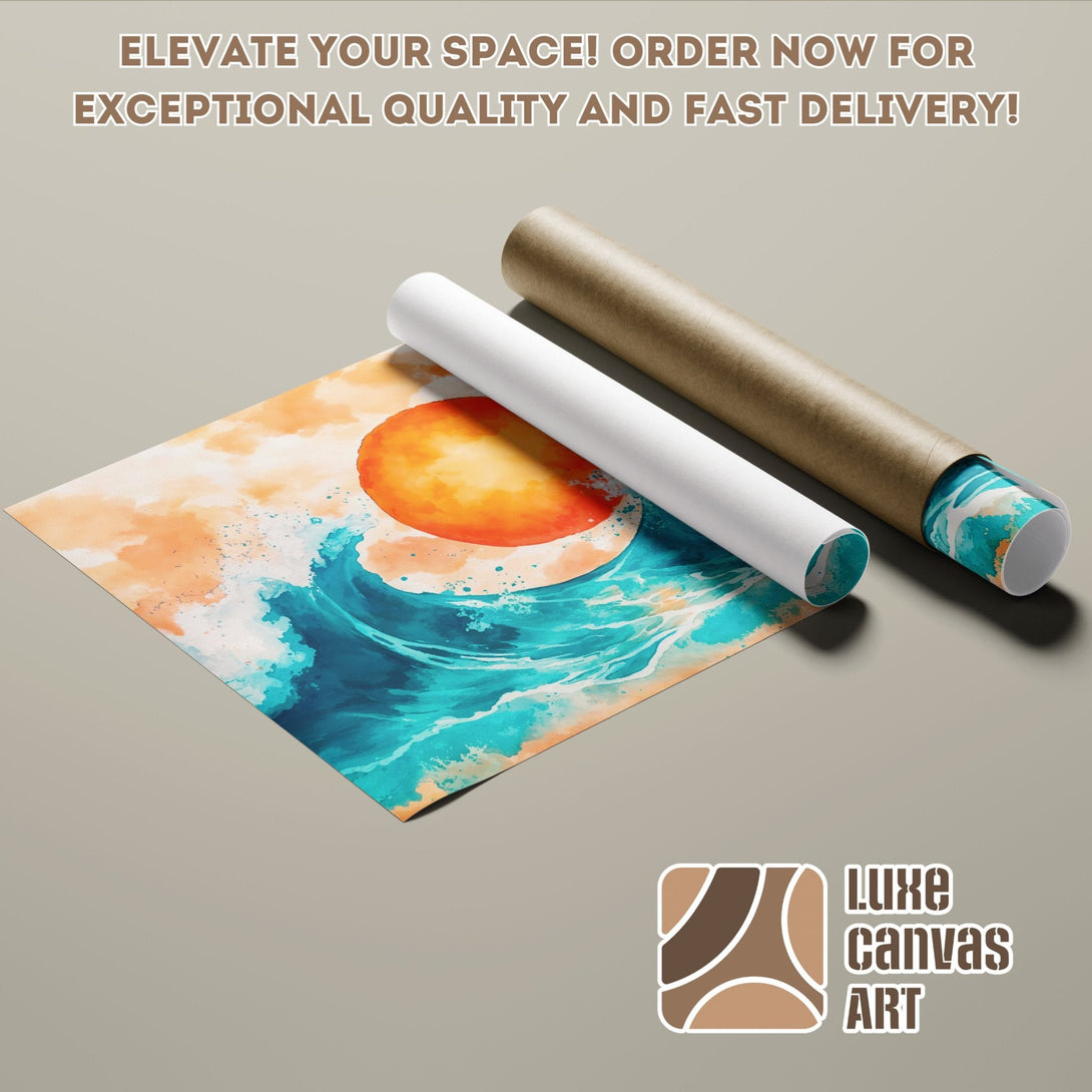 Ocean wave art Poster Roll, watercolor style, vibrant blue, orange & teal palette. Elevate your space!