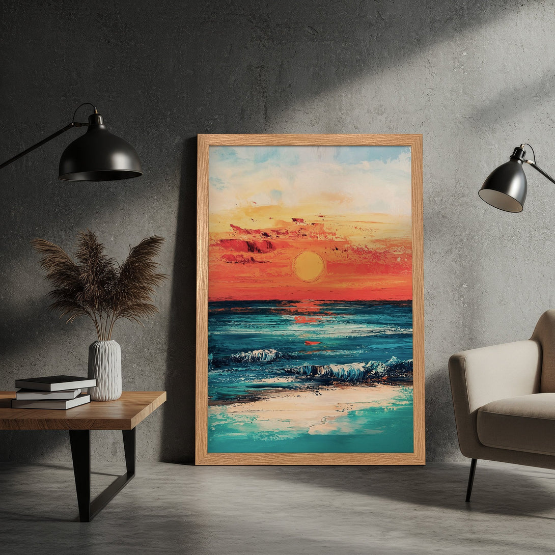 Framed Poster of a sunset over the ocean. Impressionistic style, vibrant red, orange, and teal color palette. Perfect wall art for your home.