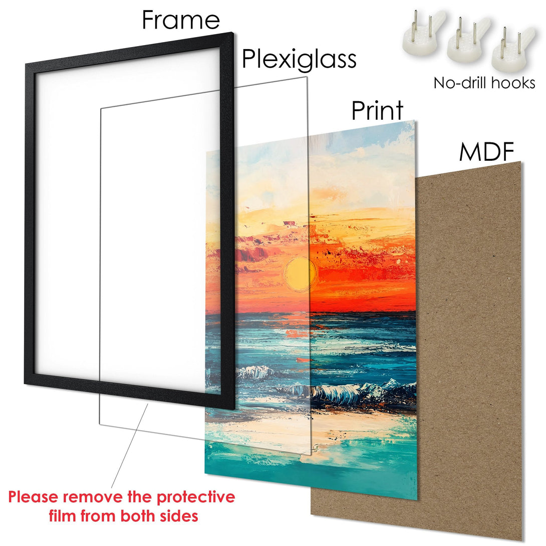 Framed Poster of a vibrant sunset over the ocean, with a warm, colorful palette. Ready to hang art!