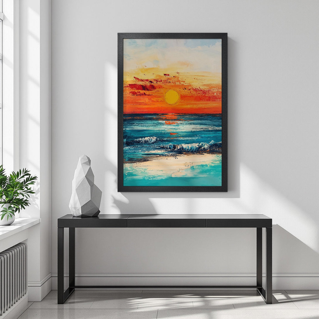 Framed Poster of a vibrant sunset over the ocean. Impressionistic style with a warm orange, red, and blue color palette. Perfect wall art!