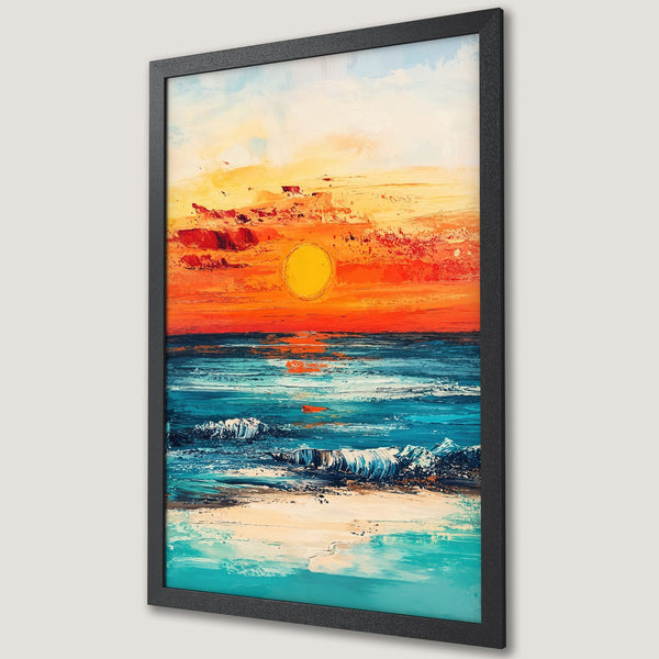Framed Poster featuring a vibrant sunset over the ocean. Impressionistic style with a warm orange, blue, and yellow color palette. Perfect wall art.