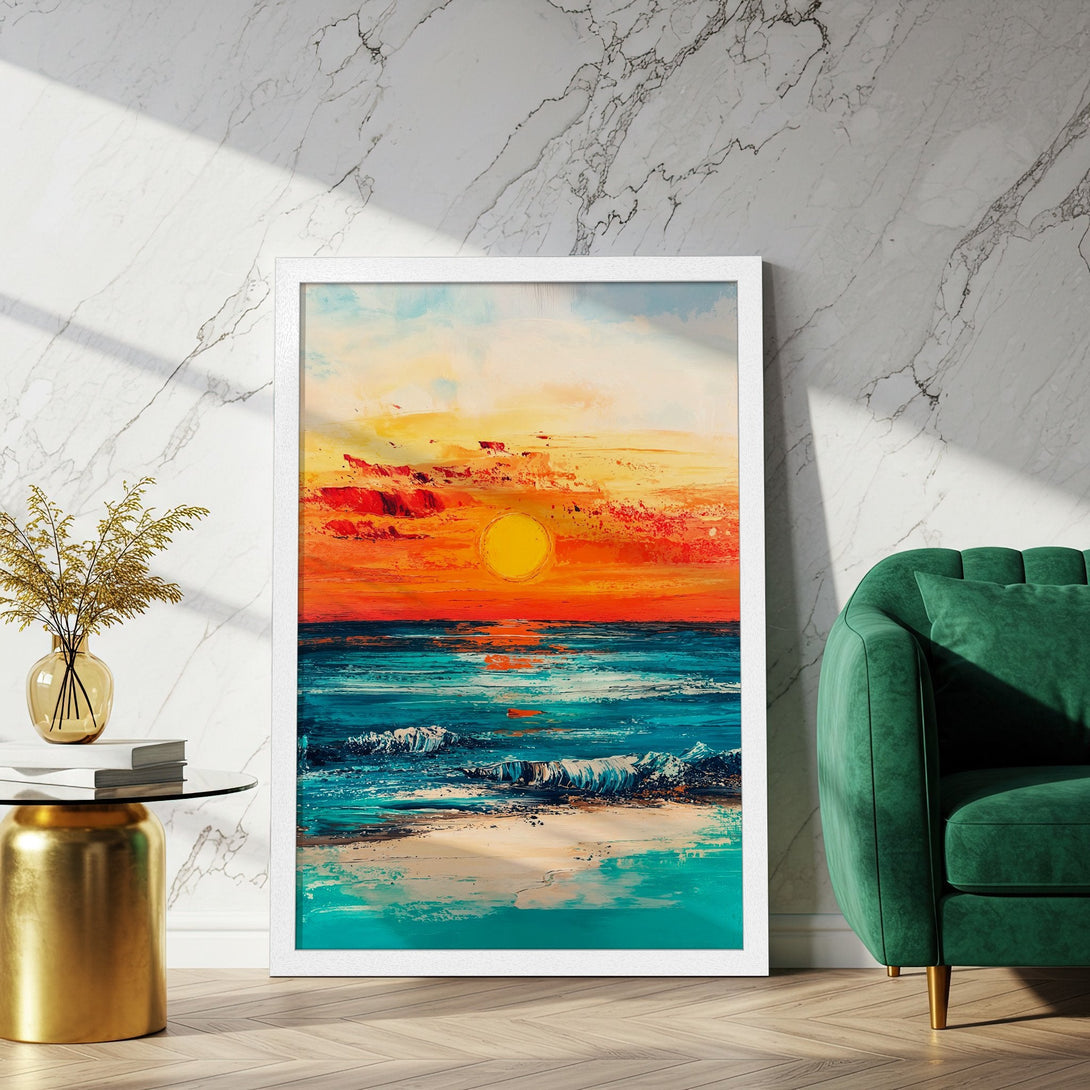 Framed Poster featuring a vibrant sunset over the ocean. Abstract style with warm orange, yellow, and cool teal color palette. Perfect wall art!