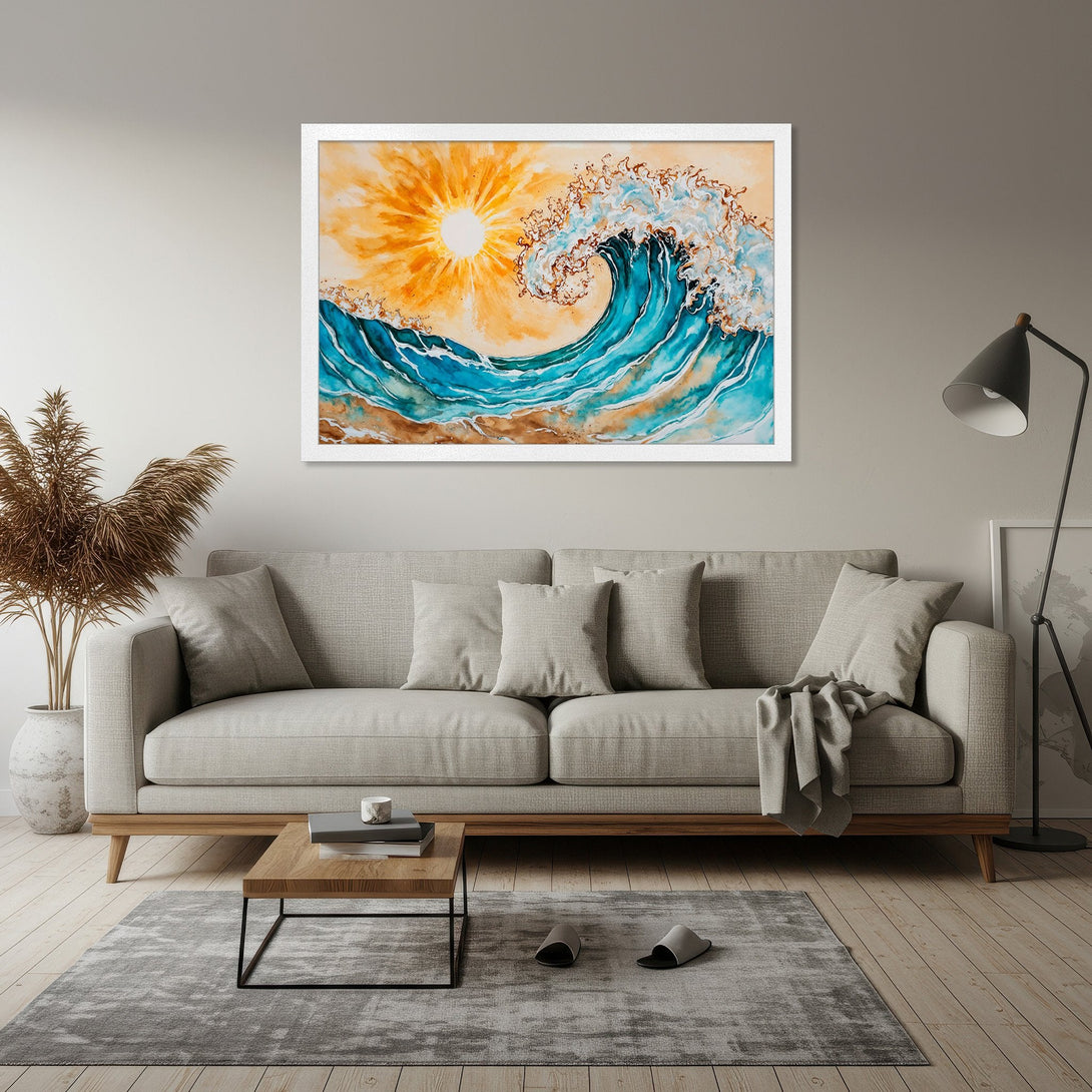 Framed Poster featuring a watercolor wave and sun, with blue, orange, and gold hues. Perfect coastal art for your home!